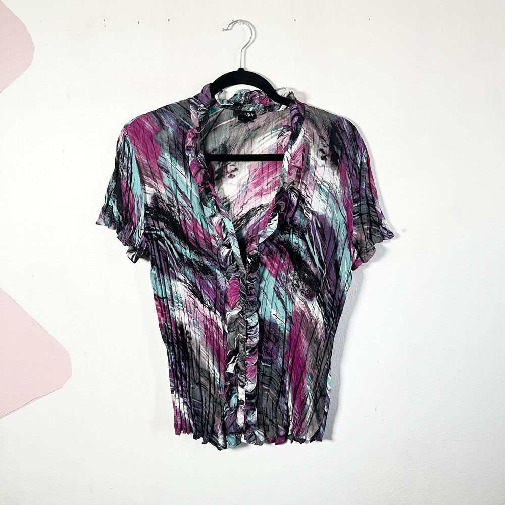 Vintage 90's Y2K Accordion Pleat Watercolor Floral Frilly Top Sz XL